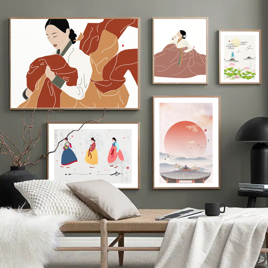 Korean Lifestyle Aesthetic - 韓国スタイル自由奔放に生きる韓服少女アジアの壁アート美学プリントキャンバス絵画ポスターリビングルームのための現代家の装飾